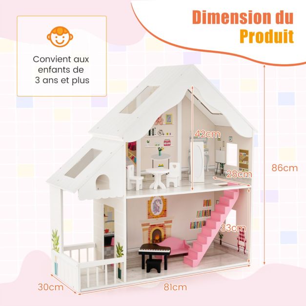 Casa delle bambole semiaperta in legno fai-da-te per bambini con parti e mobili simulati 2 grandi lucernari per bambini dai 3 anni in su Bianco 20_0006743