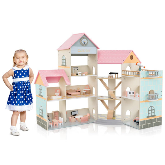 Casa delle bambole angolare 107 x 82,5 x 94,5 cm 3 piani 6 stanze atmosfera accogliente legno di pino rosa 20_0012634