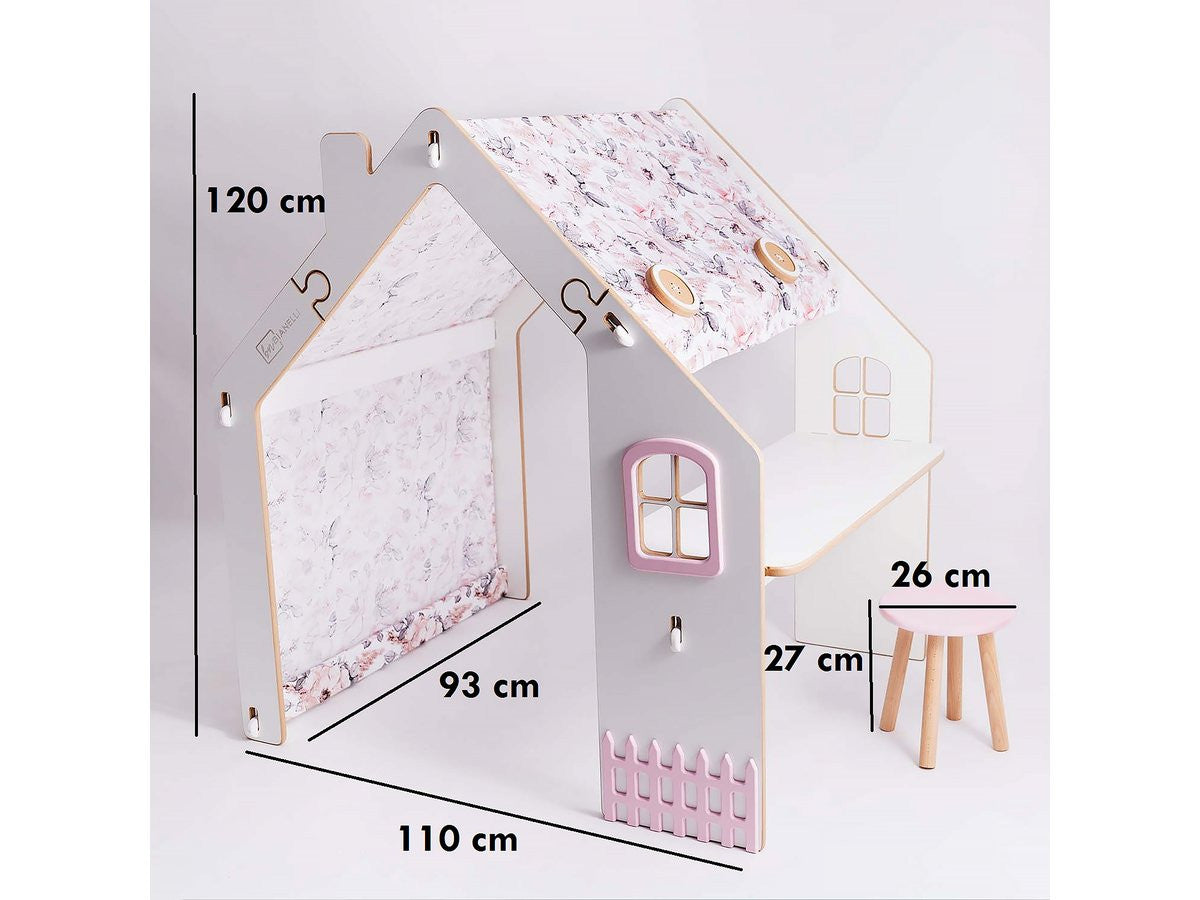 Casetta per bambini in legno "Bianelli" con scrivania - 114 x 93 x 120 cm - Bianca / Rosa
