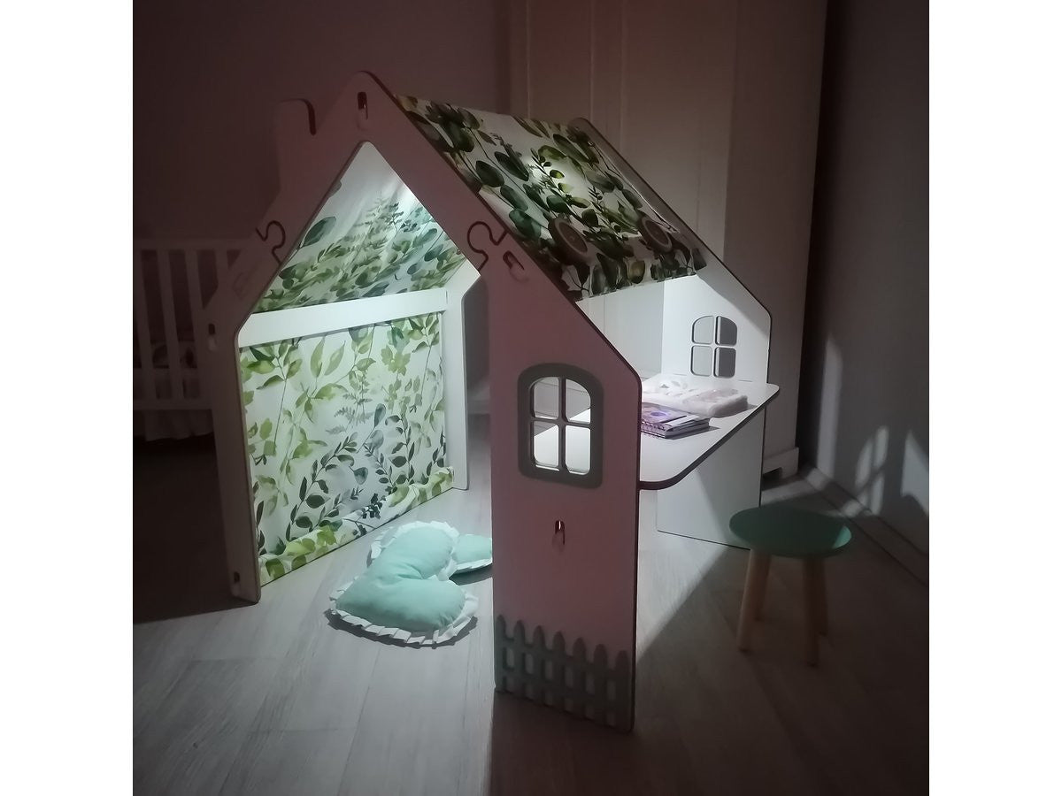 Casetta per bambini in legno "Bianelli" con scrivania - 114 x 93 x 120 cm - Bianca/ Verde