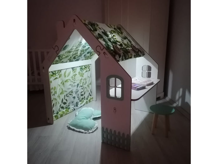 Casetta per bambini in legno "Bianelli" con scrivania - 114 x 93 x 120 cm - Bianca/ Verde