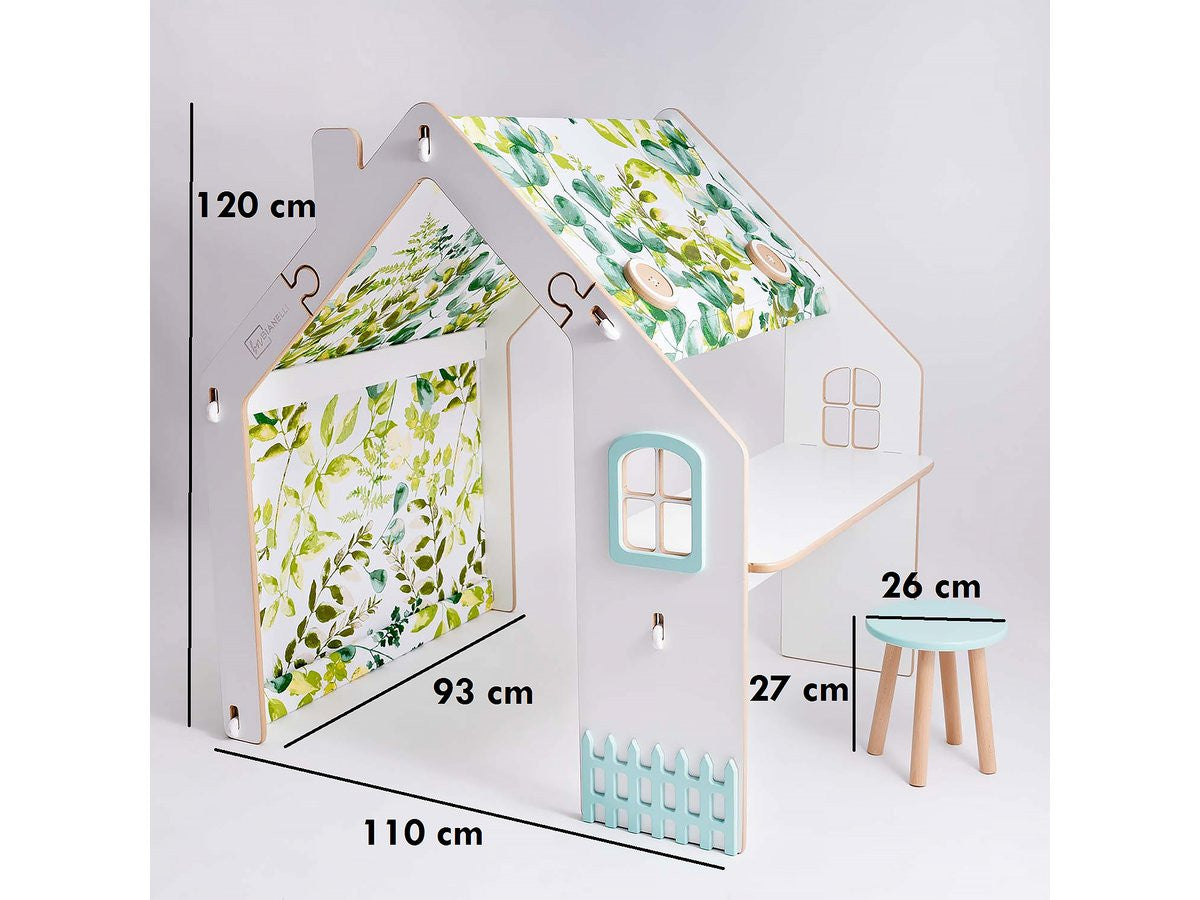 Casetta per bambini in legno "Bianelli" con scrivania - 114 x 93 x 120 cm - Bianca/ Verde
