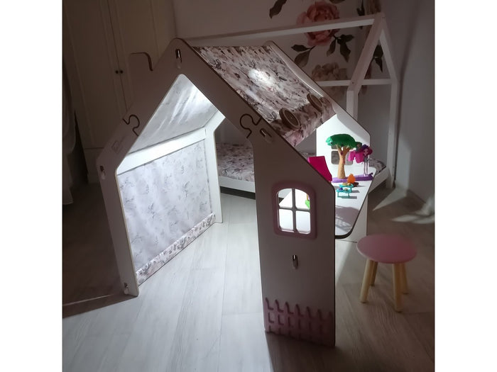 Casetta per bambini in legno "Bianelli" con scrivania - 114 x 93 x 120 cm - Bianca / Rosa