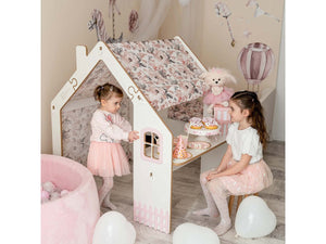 Casetta per bambini in legno "Bianelli" con scrivania - 114 x 93 x 120 cm - Bianca / Rosa