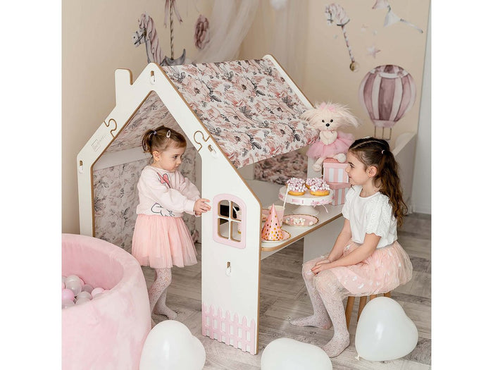 Casetta per bambini in legno "Bianelli" con scrivania - 114 x 93 x 120 cm - Bianca / Rosa
