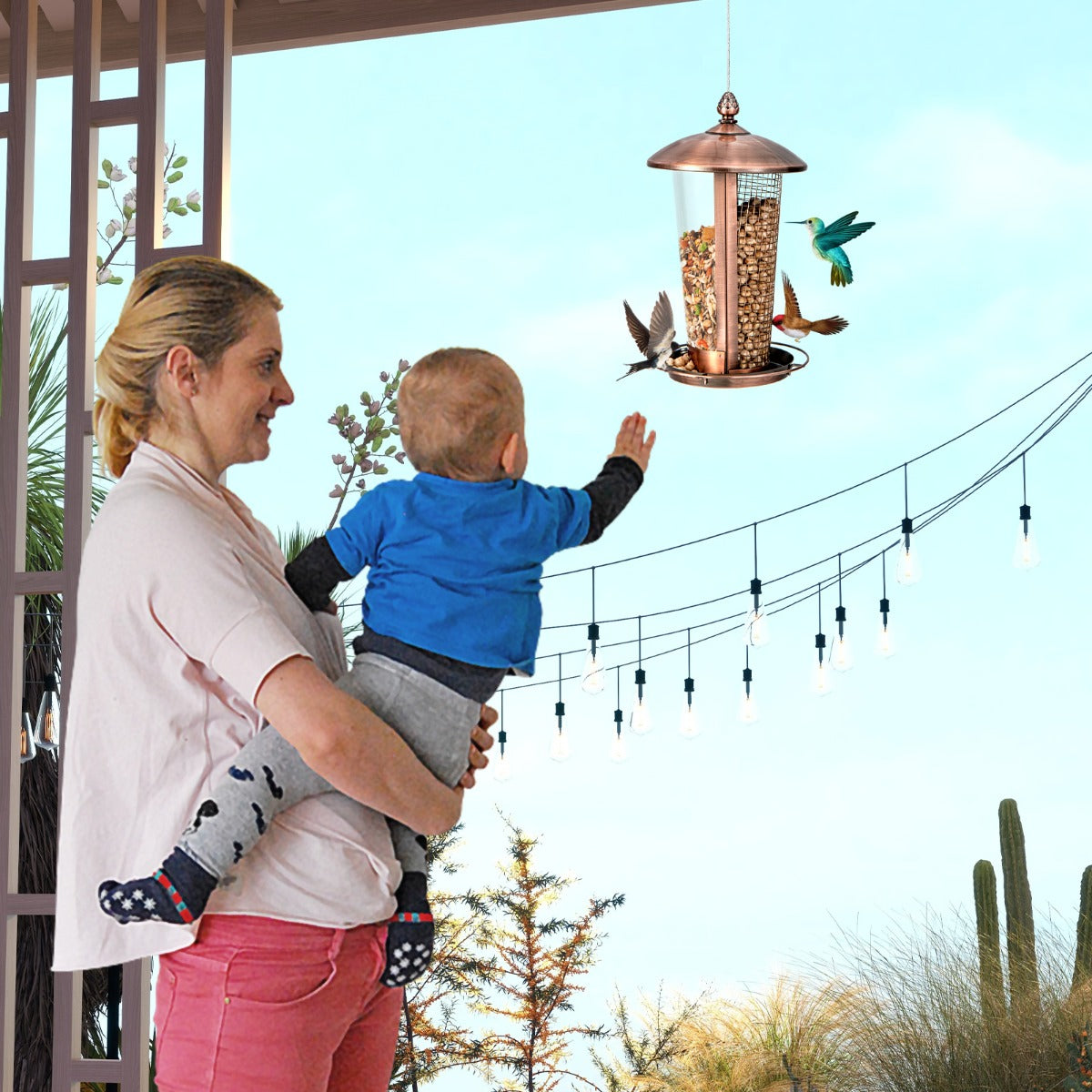 Mangiatoia per uccelli da appendere con 2 tubi, Mangiatoia uccelli in metallo resistente alle intemperie-Altri animali