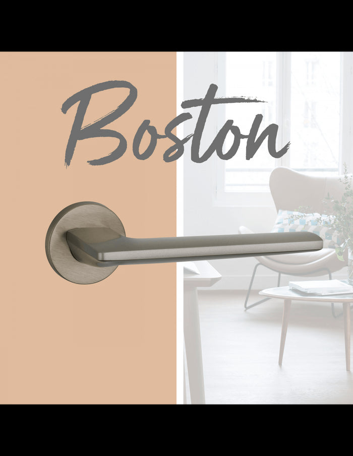 Maniglia di design Boston, per porta, su rosetta tonda, nichel satinato - FROSIO BORTOLO