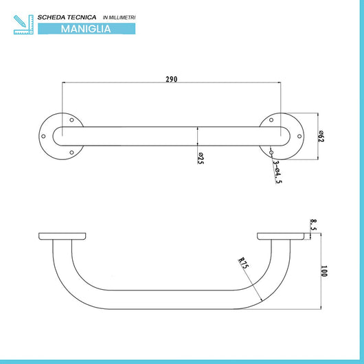 Maniglione di sicurezza bianco 37 cm per disabili in acciaio inox