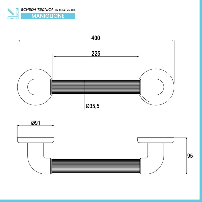 Maniglione di sostegno cromato 40 cm per disabili portata max 150 kg