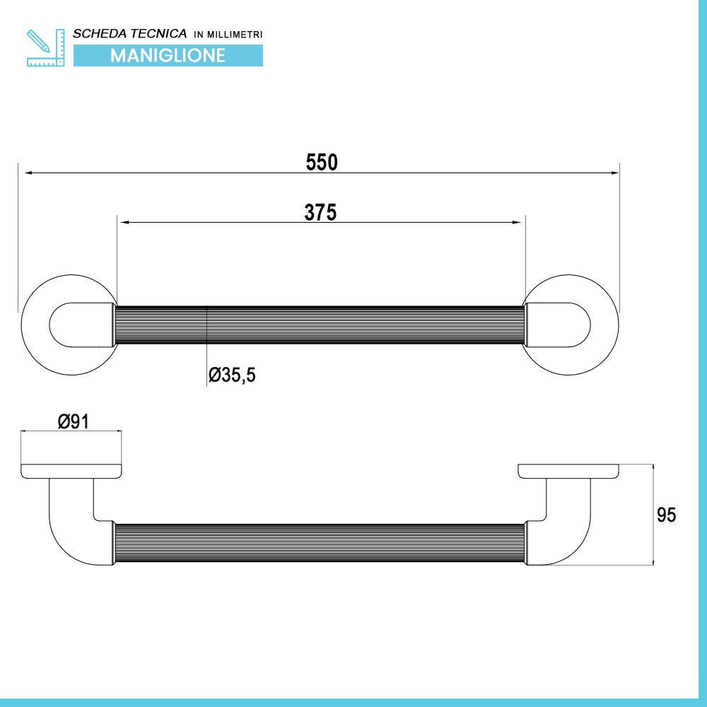 Maniglione di sostegno cromato 55 cm per disabili portata max 150 kg
