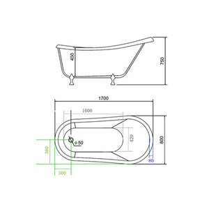 Vasca freestanding vintage 170 x 80 cm con piedi argento con rubinetto - Margherita