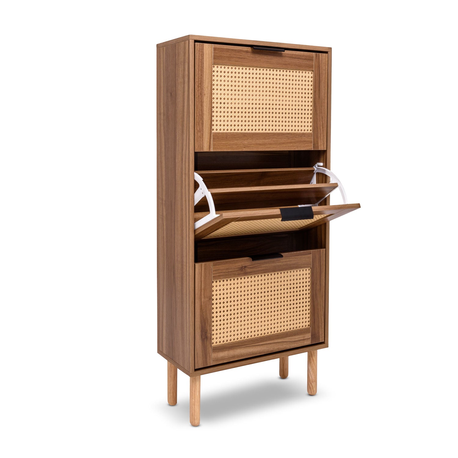 Mariachi - Scarpiera a 3 ripiani in legno con inserti in rattan