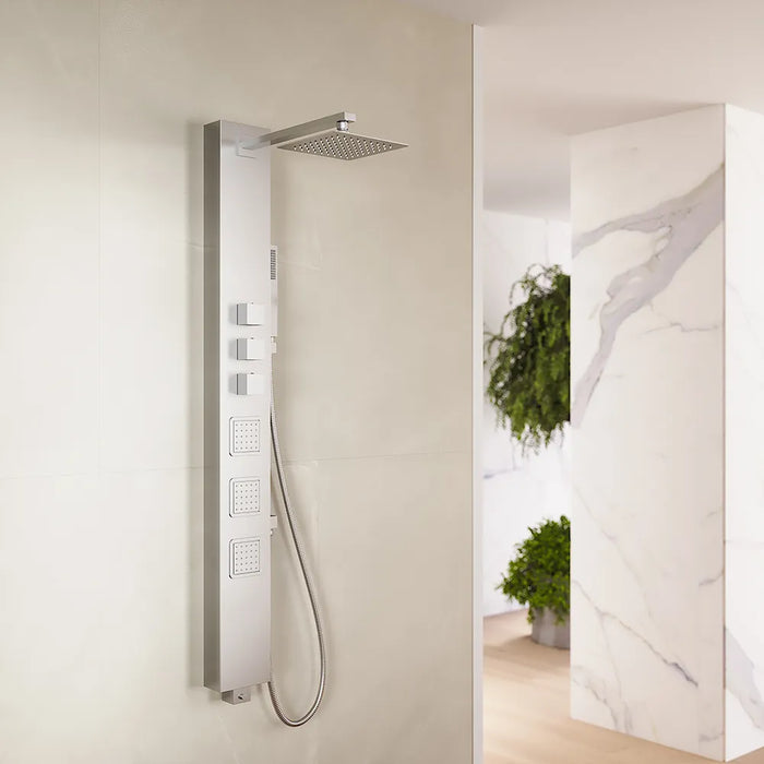 Pannello doccia termostatico in acciaio cromato con doccino, 3 funzioni | Marmore