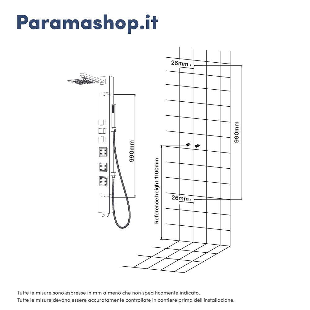 Pannello doccia termostatico in acciaio cromato con doccino, 3 funzioni | Marmore