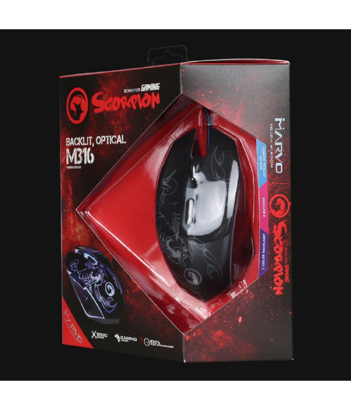 Marvo Scorpion M316 Mouse Ottico Gaming Retroilluminato 2400 Dpi Luminoso Pc Usb         