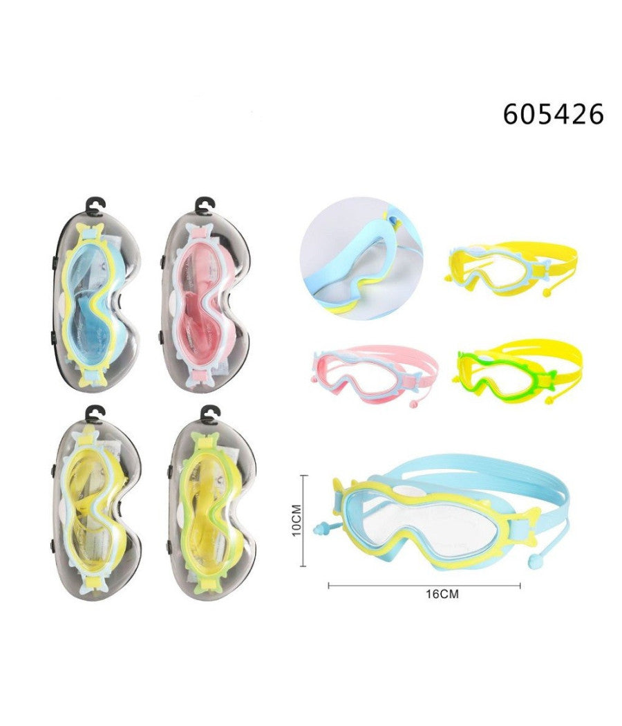 Trade Shop - Maschera Occhialini Con Tappi Da Nuoto Piscina Estate 16x10cm Vari Colori 605426 -