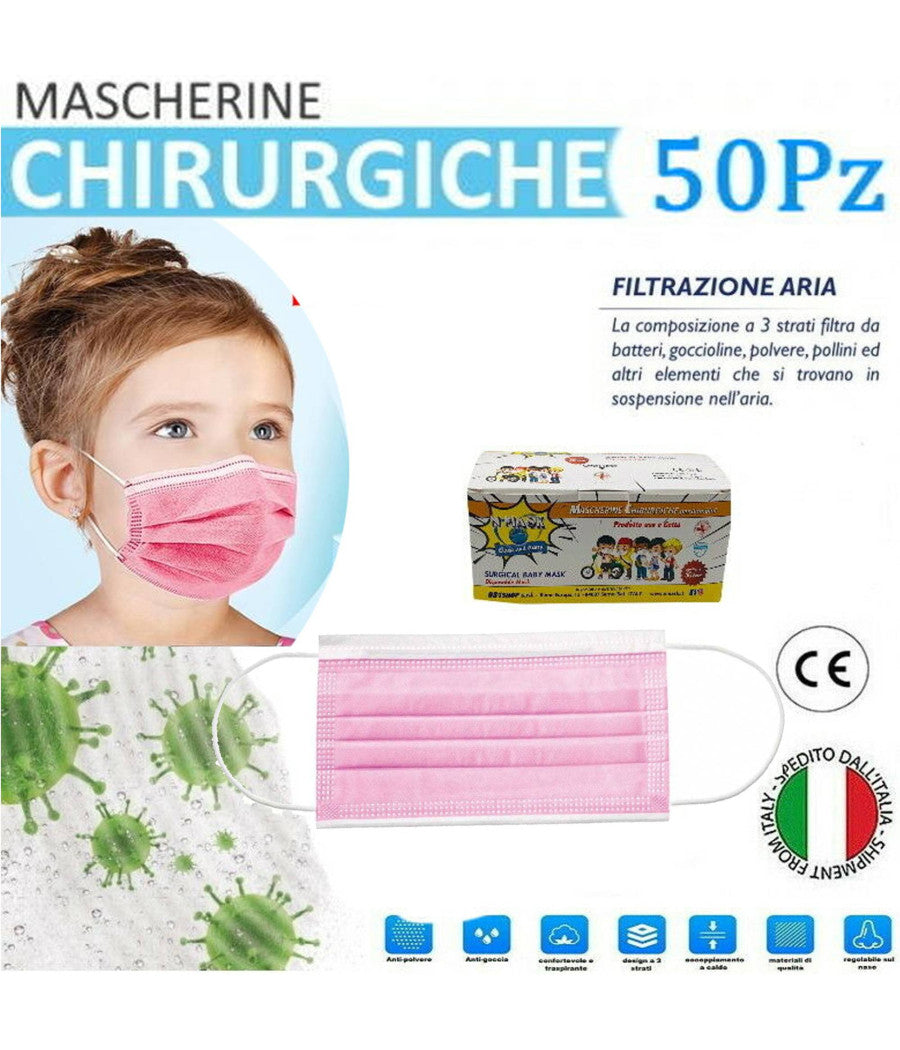 Mascherine Chirurgiche Per Bambine Monouso In Tnt 3 Strati Protettivi Viso 50pz         