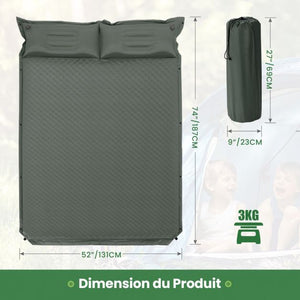 Materassino da campeggio autogonfiabile per 2 persone con 2 cuscini 187 x 131 x 4 cm e borsa portatile in PVC impermeabile per escursionismo verde 20_0008853