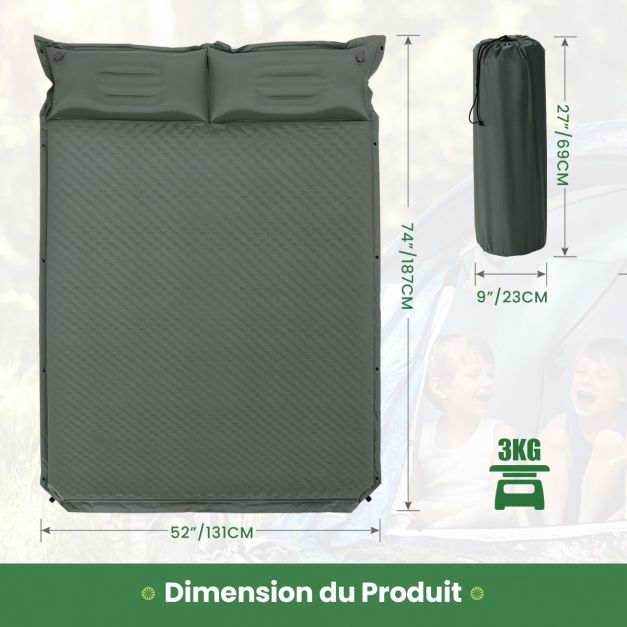 Materassino da campeggio autogonfiabile per 2 persone con 2 cuscini 187 x 131 x 4 cm e borsa portatile in PVC impermeabile per escursionismo verde 20_0008853