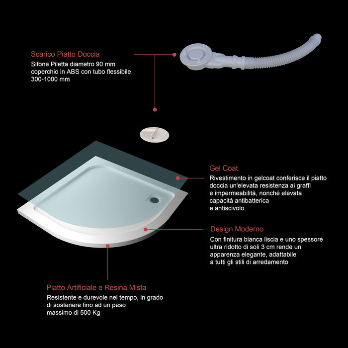 Piatto Doccia Semicircolare 80x80cm Bianco Spessore di 3 cm in Pietra Artificiale e Resina Minerale Mista Piletta Extra Piatta Sottile e Tubo inclusi