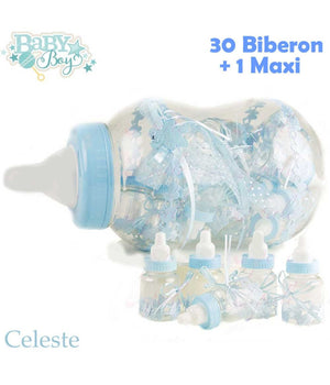 Maxi Biberon Porta Confetti Celeste Idea Nascita 30 Pezzi Baby +1 Maxi Battesimo         