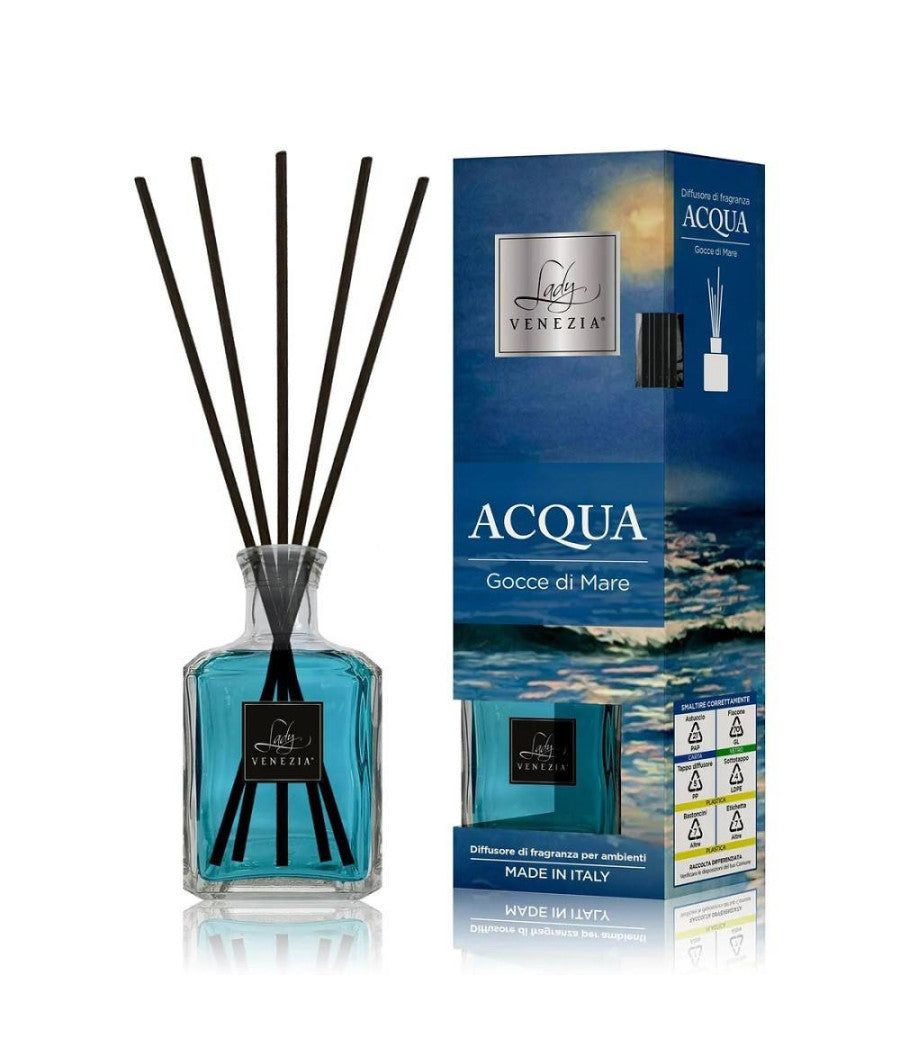 Maxi Diffusore Ambiente Cubo Con Bastoncini Fragranza Acqua Gocce Di Mare 250 Ml         