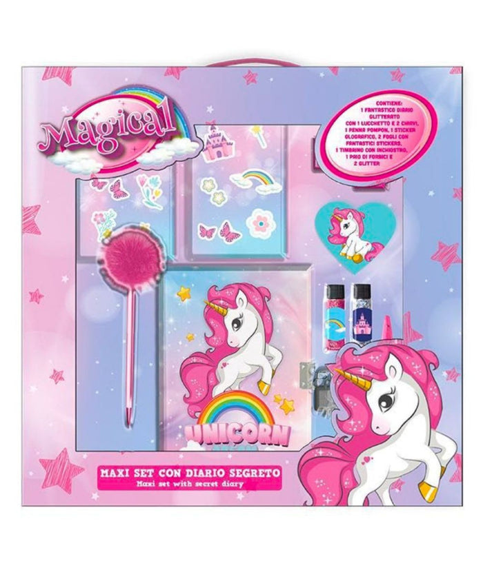Maxi Set Diario Segreto Glitterato Magico Unicorno Accessori Gioco Per Bambina         