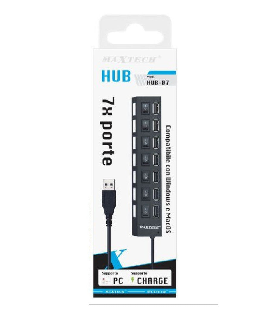 Maxtech Hub-07 Usb 2.0 A 7 Porte Ad Alta Velocità  On/off Interruttore Per Windos Macos         