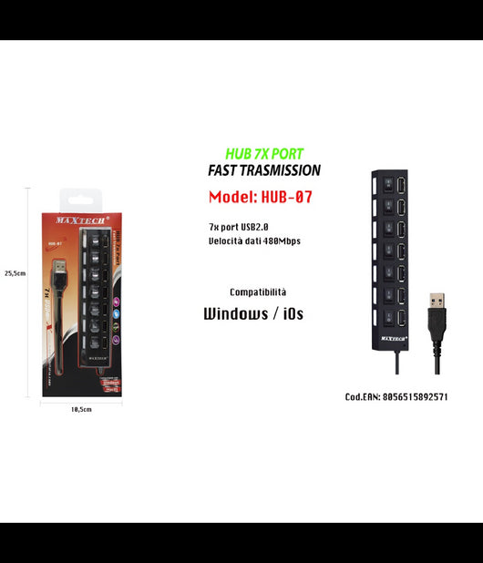 Maxtech Hub-07 Usb 2.0 A 7 Porte Ad Alta Velocità  On/off Interruttore Per Windos Macos         