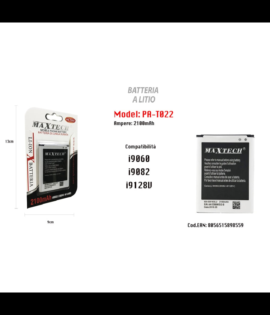 Maxtech Pa-t022 Batteria Di Lunga Durata Per Samsung Galaxy I9060/i9060i 2100mah A Litio         