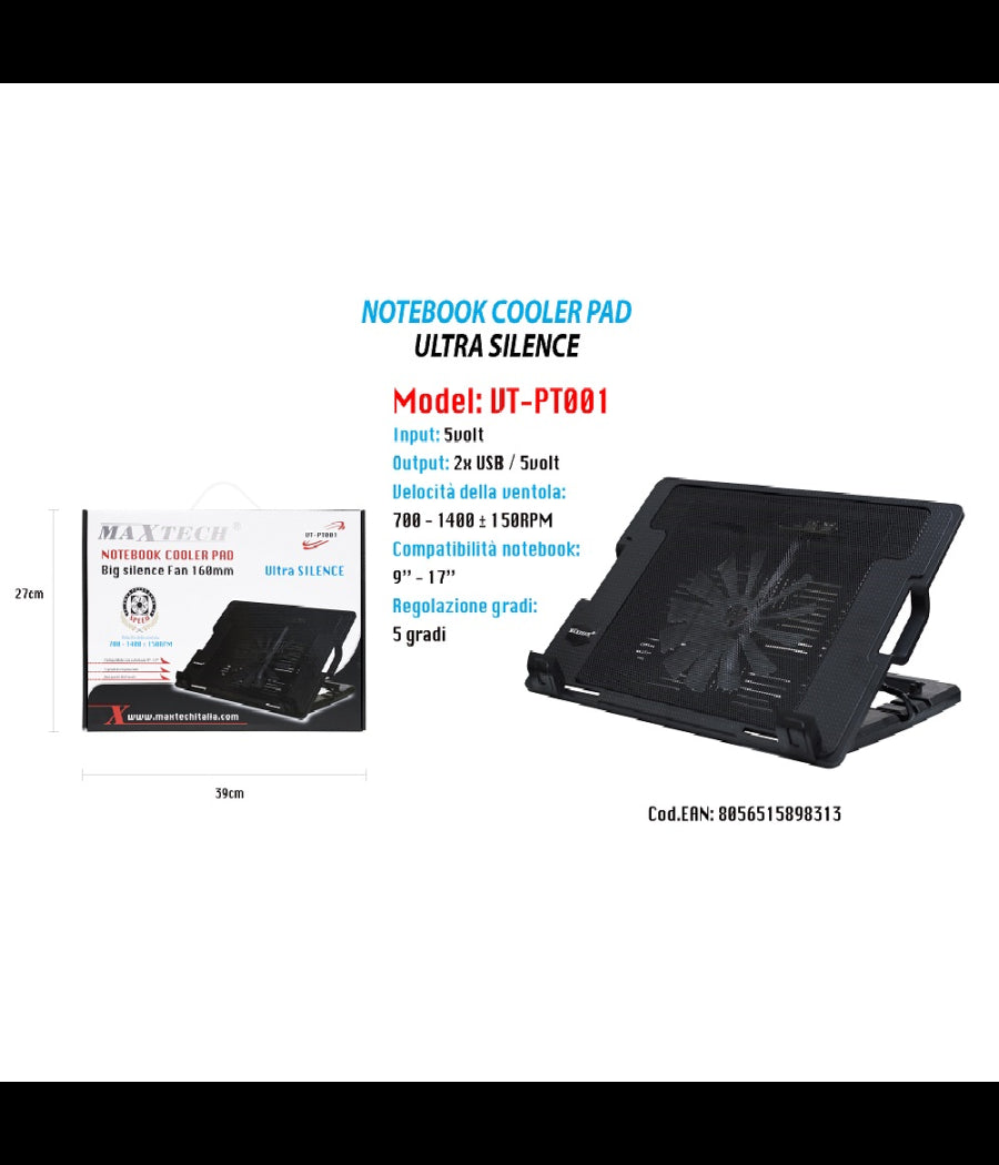 Maxtech Supporto Notebook Ventola Raffredda Pc Base Regolabile Pad Laptop Vt-pt001         