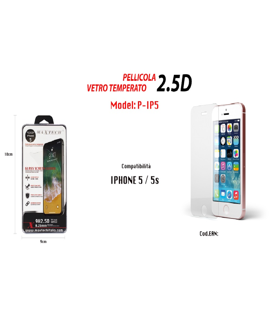 Maxteck Pellicola Protettiva Per Iphone 5/5s In Vetro Temperato Ultra Resistente P-ip5         