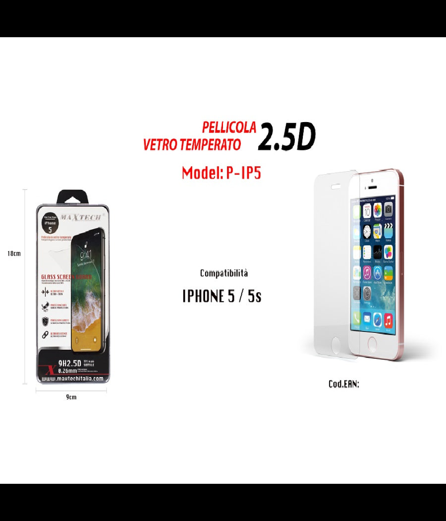 Maxteck Pellicola Protettiva Per Iphone 5/5s In Vetro Temperato Ultra Resistente P-ip5         