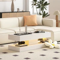 Tavolino da Salotto con Cassetti e Luci LED, Tavolino da Caffè Moderno con Ripiano Aperto, Tavolino, Truciolato, Bianco