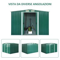 Casetta da Giardino Porta Utensili in Lamiera di Acciaio, Capanno da Giardino in Acciaio con Base e Porte Scorrevoli, 258x206x178cm, Verde