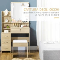 Toeletta da Trucco con Specchio, Tavolo da Trucco, Sgabello, 4 Cassetti e 4 Ripiani, Colore Legno
