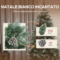 Albero di Natale Alto 150 cm da Interno con 398 Rami, Pigne e Bacche Rosse, Base in Metallo, Verde