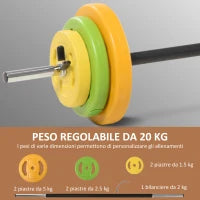 Set Bilanciere e Dischi da 20 kg totali Antiscivolo con 6 Pesi e 2 Clip di Fissaggio, Ø28x130 cm, Multicolore