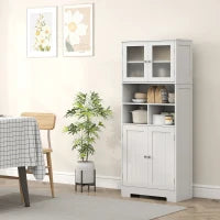 Credenza Cucina con 2 Armadietti e 3 Vani Aperti, Ante a Vetro e Ripiani Regolabili, 60x30x145.5 cm, Bianco