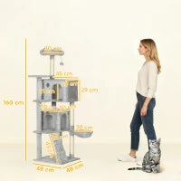 Albero Tiragraffi per Gatti con 2 Casette, Amaca, Lettino e Pali in Sisal, 48x48x160 cm, Grigio