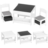 Set Tavolino per Bambini e 2 Sedie, Piano del Tavolo 3 in 1 con Lavagna e Contenitori, Grigio