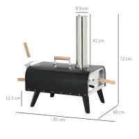 Forno per Pizza Pieghevole e Portatile con Pala e Pietra, in Acciaio e Legno, 81x40x72 cm, Nero