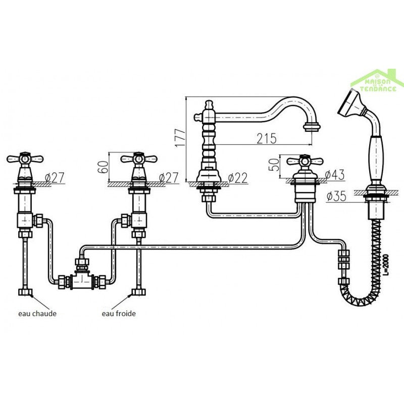 Miscelatore vasca a 5 fori MORAVA RETRO in cromo oro