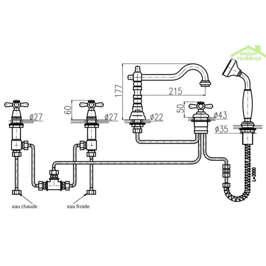 Miscelatore vasca a 5 fori MORAVA RETRO in cromo oro