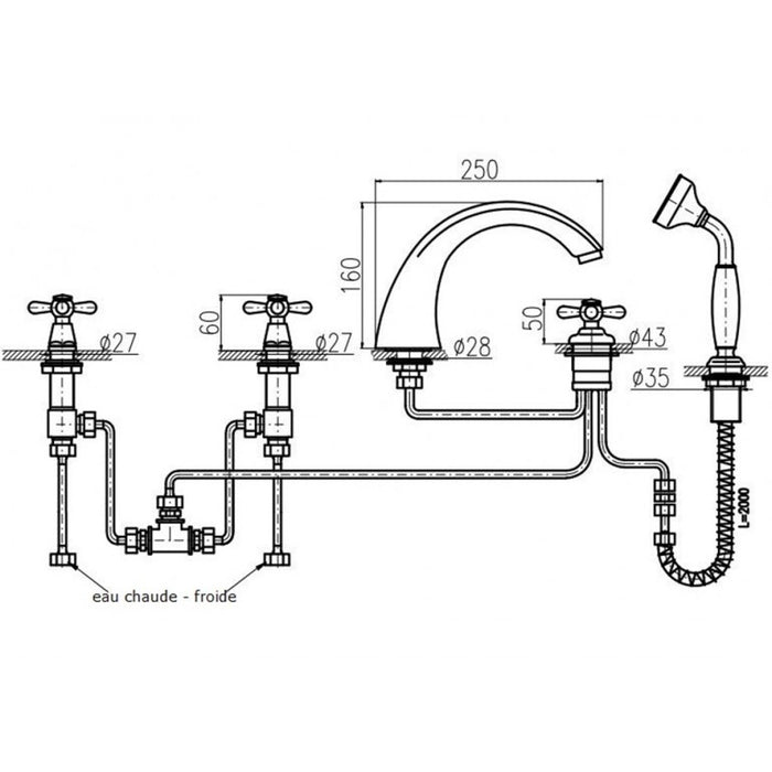 MORAVA RETRO Miscelatore vasca 5 fori in ottone