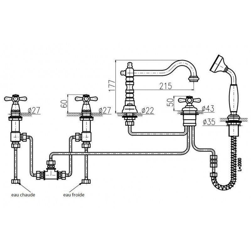 MORAVA RETRO miscelatore vasca a 5 fori in ottone bronzo