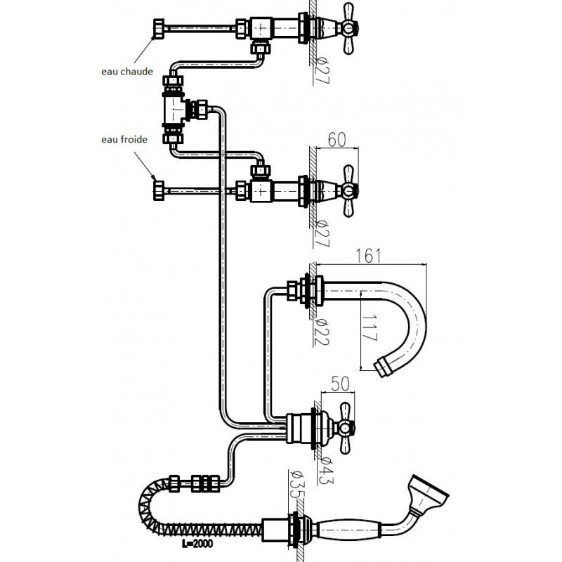 MORAVA RETRO Miscelatore vasca a 5 fori in ottone cromato