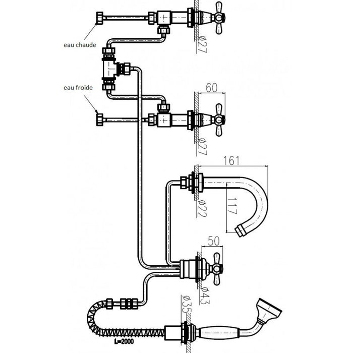 MORAVA RETRO Miscelatore vasca a 5 fori in ottone cromato