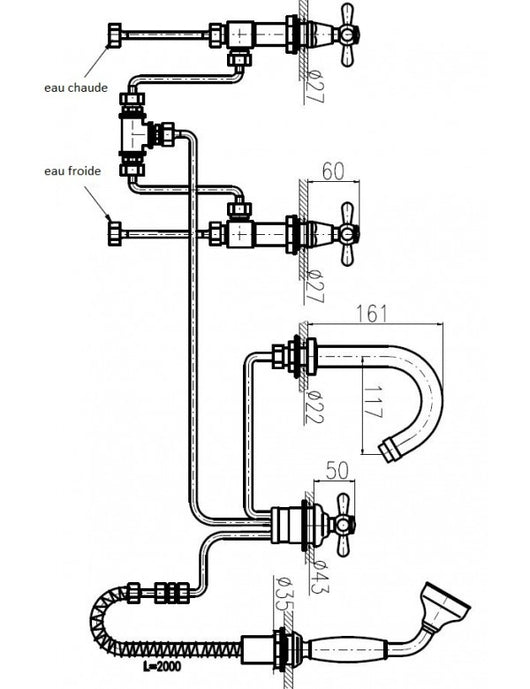 MORAVA RETRO miscelatore vasca a 5 fori in ottone