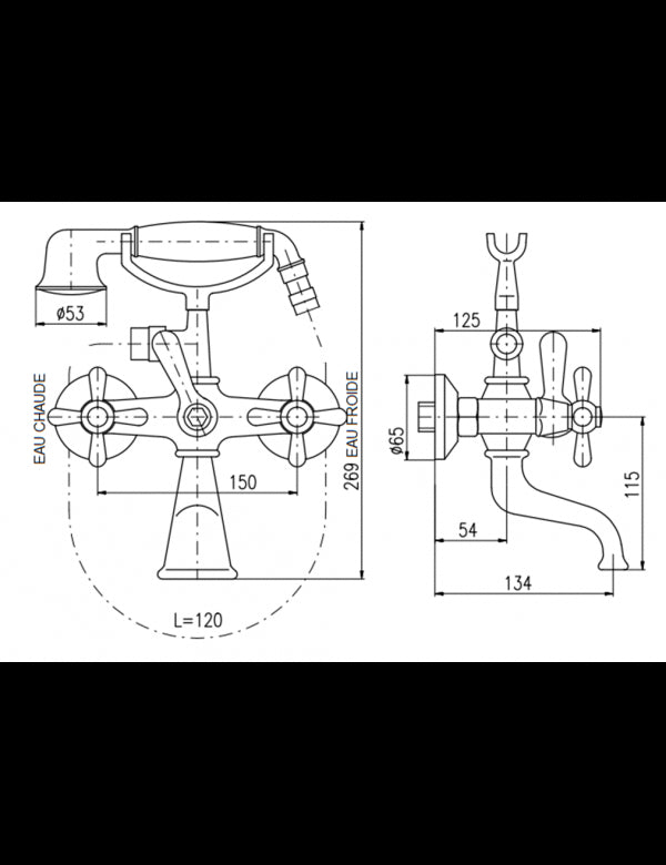 MORAVA RETRO miscelatore vasca in ottone cromato con soffione
